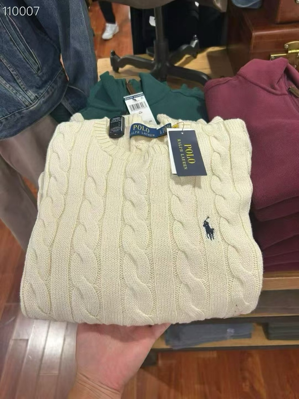 Polo by Ralph Lauren Cream Cable Knit Crewneck Sweater with Navy Pony